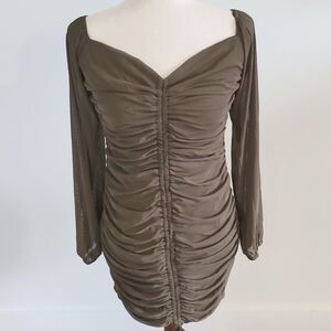Yissang mini dress with ruching and sheer sleeves Size M dark olive green NWT